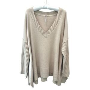FREE PEOPLE Orion A-Line Tunic Sweater Oversized V-Neck Ribbed Neutral | Large